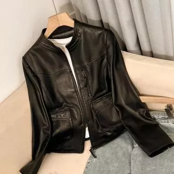Куртка из натуральной кожи, овчина, осень, новый маленький воротник-стойка, модная тонкая короткая мотоциклетная куртка M