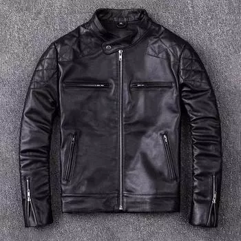 Куртка из натуральной кожи первого слоя из коровьей кожи, мужская короткая облегающая куртка с воротником-стойкой, кожаная куртка большого размера S чёрный