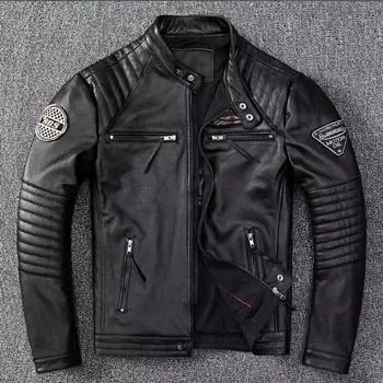 Куртка из натуральной кожи первого слоя из коровьей кожи, мужская короткая облегающая куртка с воротником-стойкой в стиле локомотива S