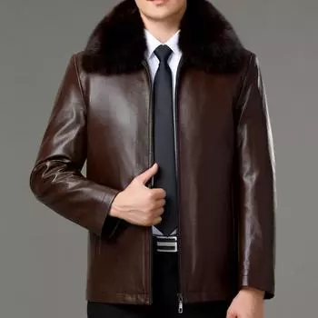 Куртка из натуральной кожи с мехом лисы и съемной пуховой подкладкой, зимняя, новая, для пап среднего и пожилого возраста, кожаная куртка с лацканами 170
