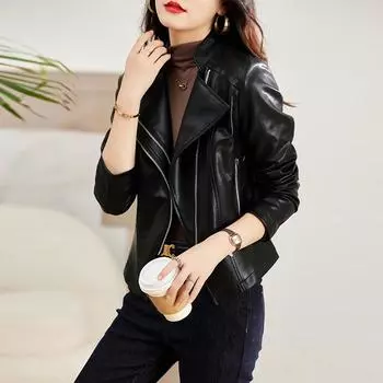 Куртка из натуральной кожи женская короткая весна и осень новый стиль овчина мотоциклетный костюм воротник куртка тонкая утягивающая женская одежда M