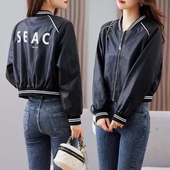 Куртка из натуральной овчины Hua Ge Di Qing, короткая куртка с бейсбольным воротником, повседневная куртка, весенне-осенняя женская кожаная куртка S