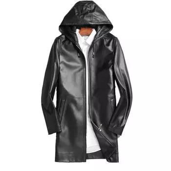 Куртка из натуральной овчины, мужская, весна-осень, ветровка средней длины с капюшоном, черная, деловая, тонкая куртка L