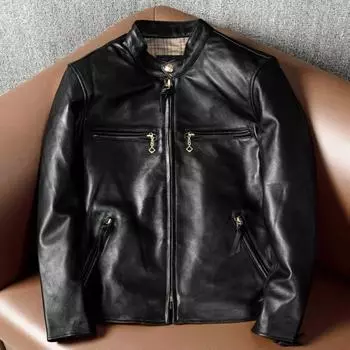Куртка из натуральной овчины первого слоя, мужская облегающая кожаная куртка с воротником-стойкой в стиле локомотива S