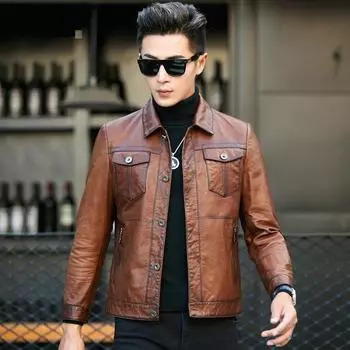 Куртка из натуральной овчины с масляным воском для мужчин на осень и зиму, новый стиль, лацканы, корейский стиль, тонкая молодежная куртка, модная L