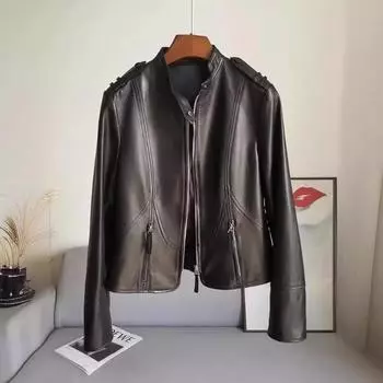 Куртка из натуральной овчины, женская, новая, весенне-осенняя, модная, короткая, мотоциклетная, черная M