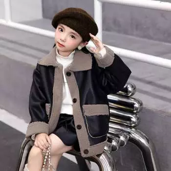 Куртка из однотонной овечьей шерсти и кожи на осень и зиму для мальчиков и девочек, теплая и с защитой от обрастания. 100 кофейный