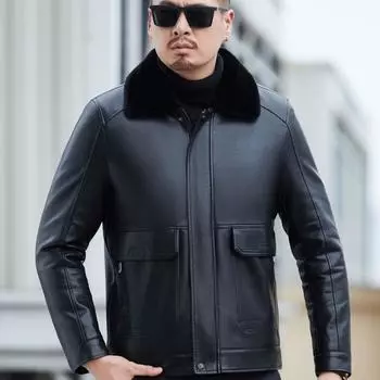 Куртка из овчины Мужская повседневная замшевая кожаная куртка со вставками из кожи и меха M/170 чёрный