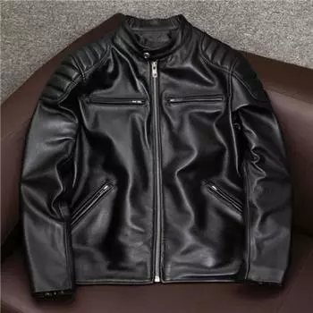 Куртка из овчины, мужская, с воротником-стойкой, кожаная, облегающая, короткая, на молнии S чёрный