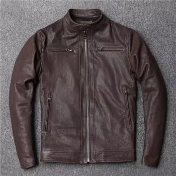 Куртка из овчины с растительным дублением и воском, мужская короткая кожаная куртка с воротником-стойкой M темно-коричневого