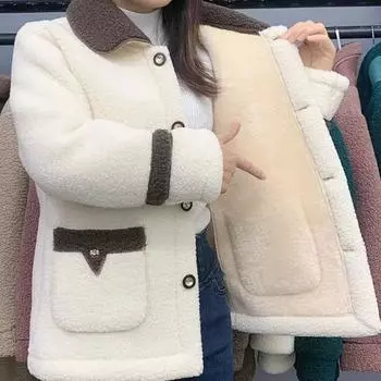 Куртка из овечьего флиса, модели на осень и зиму, плюс утолщенный бархат, куртка для мам, женская, средней длины 5XL бежевый