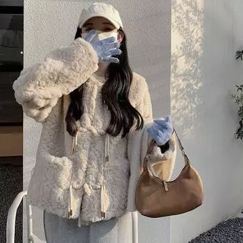 Куртка из овечьего меха женская короткая зимняя утолщенная темпераментная светская львица маленькая ароматная ветряная рекс кролик мех утолщенный топ S 47.5kg