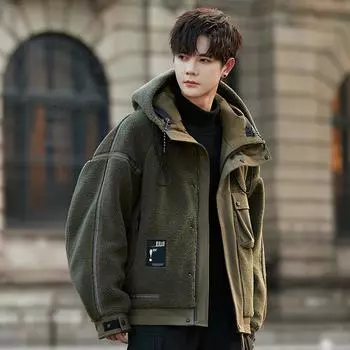 Куртка из овечьего пуха, мужская утолщенная короткая зимняя куртка, новая флисовая с капюшоном, высокая M зелёный