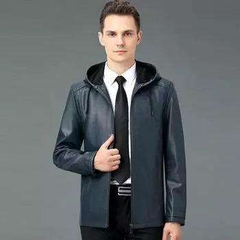 Куртка из овечьей кожи для мужчин среднего и старшего возраста, весна и осень, тонкая модная кожаная куртка с капюшоном, пальто для папы 165