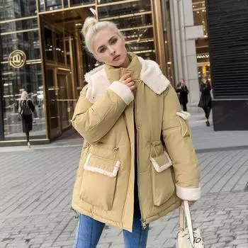 Куртка из овечьей шерсти и хлопка для женщин 2024 года, зимняя контрастная повседневная парка с капюшоном, пальто с 2 карманами, утепленная теплая куртка, женская одежда M чёрный