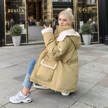 Куртка из овечьей шерсти и хлопка для женщин 2024 года, зимняя контрастная повседневная парка с капюшоном, пальто с 2 карманами, утепленная теплая куртка, женская одежда M серый