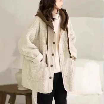 Куртка из овечьей шерсти с капюшоном и хлопковой подкладкой, пальто, осенне-зимняя женская одежда, лоскутное одеяло, большой размер, теплая имитация, из двух частей, толстовка S коричневый