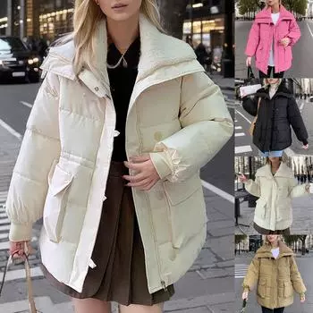 Куртка из овечьей шерсти с лацканами из хлопка для женщин, зимняя новая куртка средней длины с хлопковой подкладкой, модное пальто L чёрный