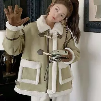 Куртка из овечьей шерсти с мехом, женская, короткая, зимняя, флисовая, утолщенная, из оленьей кожи, флисовая, мотоциклетная, куртка из искусственного меха M 80-110 зелёный