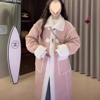 Куртка из овечьей шерсти с замшевой отделкой и пряжкой из рога, новая зимняя утепленная модель выше колена S (recommended within 50kg)