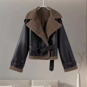 Куртка из овечьей шерсти, сшитая из кожи, с отложным воротником, длинными рукавами, подарочным ремнем, тонкое короткое пальто, женская модная куртка из искусственной кожи, зимняя, утепленная, теплая S чёрный