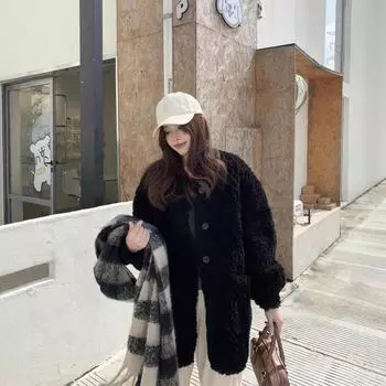 Куртка из овечьей шерсти, женская, новая, универсальная, свободная, ленивая, флисовая, с круглым вырезом, черная, термомеховая S чёрный