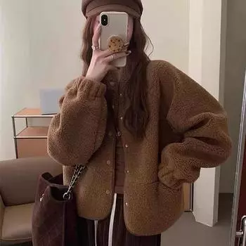 Куртка из овечьей шерсти женская одежда новая универсальная короткая студенческая подруги с такой же свободной бейсбольной формой флисовая рубашка с длинными рукавами S коричневый