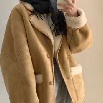 Куртка из овечьей шерсти, женская осень-зима, плотный теплый флис, повседневные короткие пальто, корейская мода, винтажная однобортная верхняя одежда с лацканами S дубильная кора