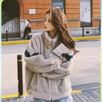 Куртка из овечьей шерсти, женская зимняя студенческая короткая, маленькая, утолщенная, свободная, с меховым вставками S