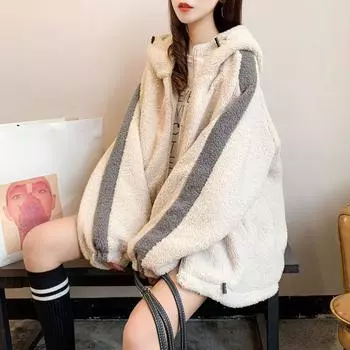 Куртка из плюша ягненка для женщин свободного покроя корейской версии осень/зима универсальный плюшевый толстый свитер с капюшоном в тренде M белый