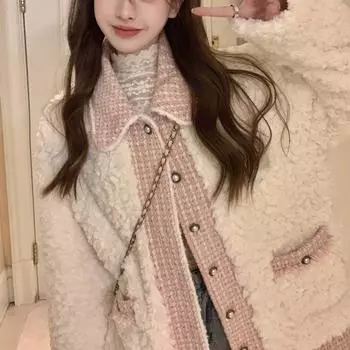 Куртка из плюша ягненка, женская зимняя одежда, милый новый дизайн сращивания, свободная, с длинными рукавами, бархатная, с хлопковой подкладкой, бейсбольная майка S белый