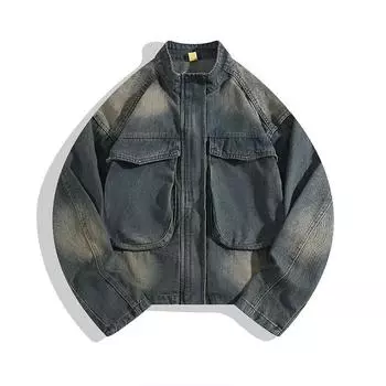 Куртка из потертого денима в американском стиле в стиле ретро с постепенным изменением цвета, мужская и женская, короткая, свободная, повседневная, с большим карманом и воротником-стойкой M синий