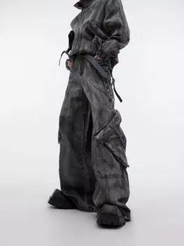 Куртка из потертого денима в стиле ретро с массивными молниями и большими карманами — тренд 2024 года 3XL темно-серого