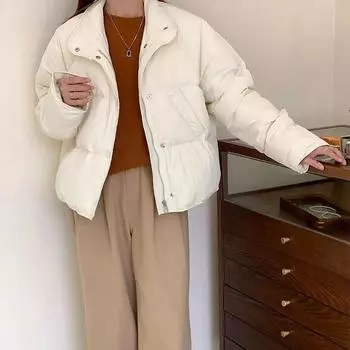 Куртка из пуха и хлопка для женщин, короткая однотонная куртка из толстого зимнего пальто, модная хлопковая одежда с воротником-стойкой и застежкой-молнией, верхняя одежда M белый