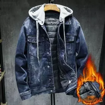 Куртка из утолщенного денима из бархата, мужская, хлопковая, со съемным капюшоном, черная, хлопковая, теплая, модная, осенне-зимняя куртка M
