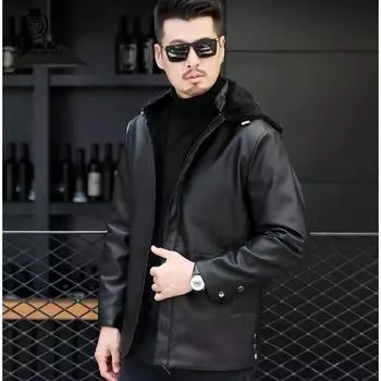 Куртка из утолщенной бархатной кожи со съемным капюшоном, классическая мужская зимняя повседневная куртка, ветрозащитная и теплая на осень и зиму 52