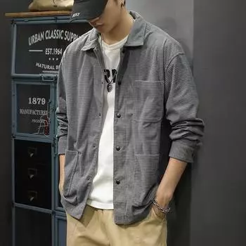 Куртка из вафельной ткани, мужская свободная и универсальная рубашка с длинными рукавами в американском стиле в стиле ретро, модная повседневная куртка M серый