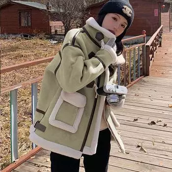 Куртка из замши из овечьей шерсти женская зимняя маленькая 2024 новая короткая утолщенная меховая интегрированная локомотивная хлопковая одежда M 80-110 зелёный