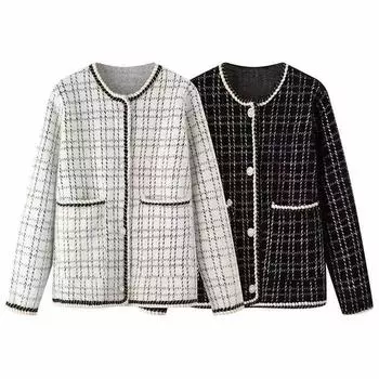 Куртка-кардиган женская, новинка весны 2023, женская вязаная куртка-кардиган в клетку с круглым вырезом, однобортный кардиган, женское пальто, верх One Size чёрный