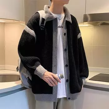 Куртка контрастного цвета для мужчин, весна-осень, ретро-дизайн, свободный вязаный кардиган, спортивная куртка на молнии с воротником-стойкой M серый