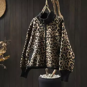 Куртка короткая трикотажная из норки с леопардовым принтом, новинка зимы 2024 года, модная, свободная, теплая, с воротником-стойкой, женская 720 One Size бежевый