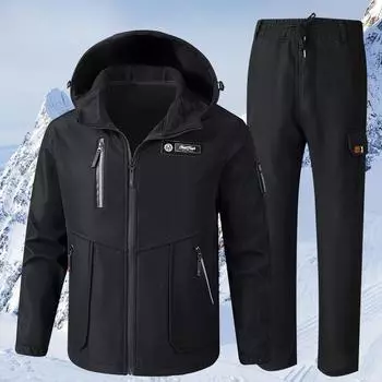 Куртка Костюм Мужской Осенне-Зимний Мужской Ветрозащитный, Водонепроницаемый и Бархатный Утолщенный Износостойкий Многокарманный Утепленный и Теплый Костюм M серый