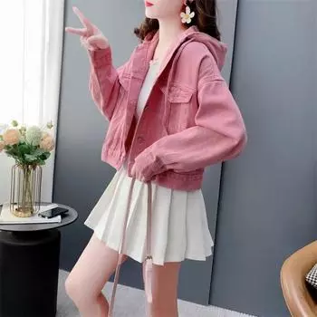 Куртка ковбойское пальто ретро стиль шикарный капюшон женская весна осень уличный короткий XXXL синий