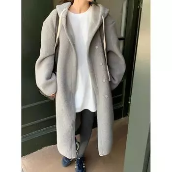 Куртка Lazy Foreign Fur с интегрированной овечьей шерстью, длинная, с капюшоном, свободная, универсальная, теплая, два цвета one size fits all слоновая кость