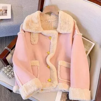 Куртка локомотивная из ягненка, женская, флисовая, утолщенная, 2024, зимняя, новая, с отворотами, Одежда S 105 or less