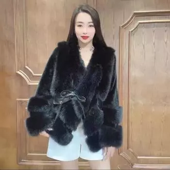 Куртка Маленькое взрывное пальто Женское осенне-зимнее новое омолаживающее пушистое сращивание большой вырез искусственный мех верх average size 90-150 чёрный