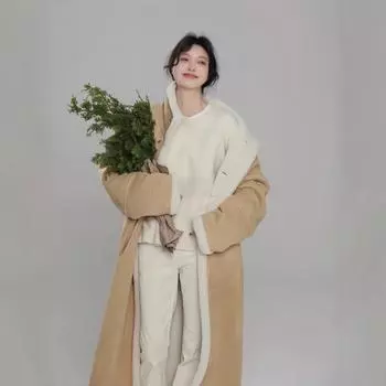 Куртка Mao Mao женская 2024 года, новая модель, двухсторонняя, высококачественный искусственный мех, овечья шерсть, длинное замшевое пальто S хаки