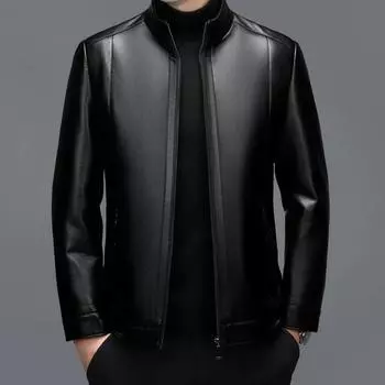 Куртка мужская кожаная с меховой отделкой, средняя, мужская, воротник-стойка, повседневная, утолщенная, овчинная, мужская, зимняя M