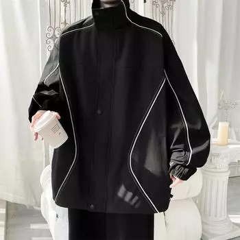 Куртка мужская новая универсальная подростковая весенняя повседневная свободная пара полосатая стойка воротник мужская куртка M чёрный