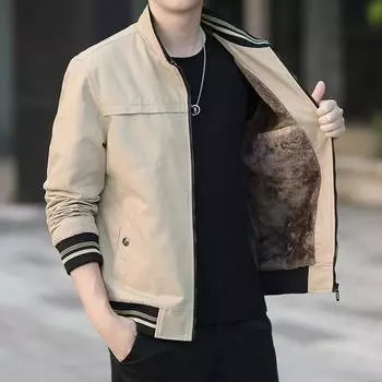 Куртка мужская осенне-зимняя новая тонкая модная повседневная куртка с воротником-стойкой плюс утолщенный бархат в стиле американской ретро-бейсбольной формы M